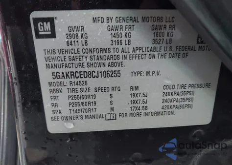 2012 Buick Enclave Leather из США, поврежденный, VIN 5GAKRCED8CJ106255